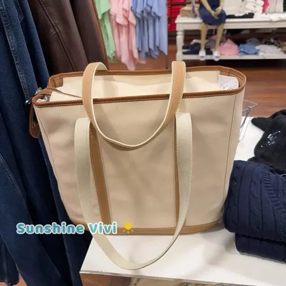 NWT Polo Ralph Lauren Women's Leather-Trim Canvas Medium Shopper Tote Ecru/Cuoio